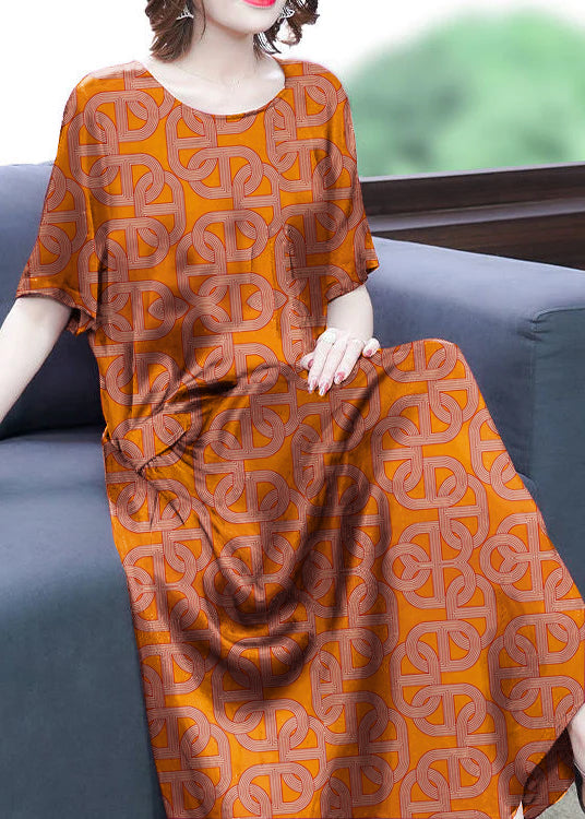 Yellow-cashew Print Silk Long Dress Oversized Pockets Wrinkled Summer