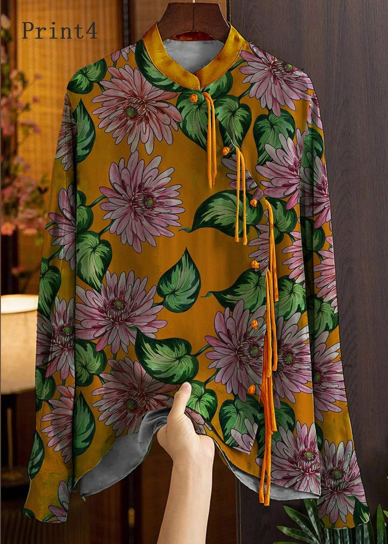 Print4 Mandarin Collar Button Print Silk Shirt Top Spring