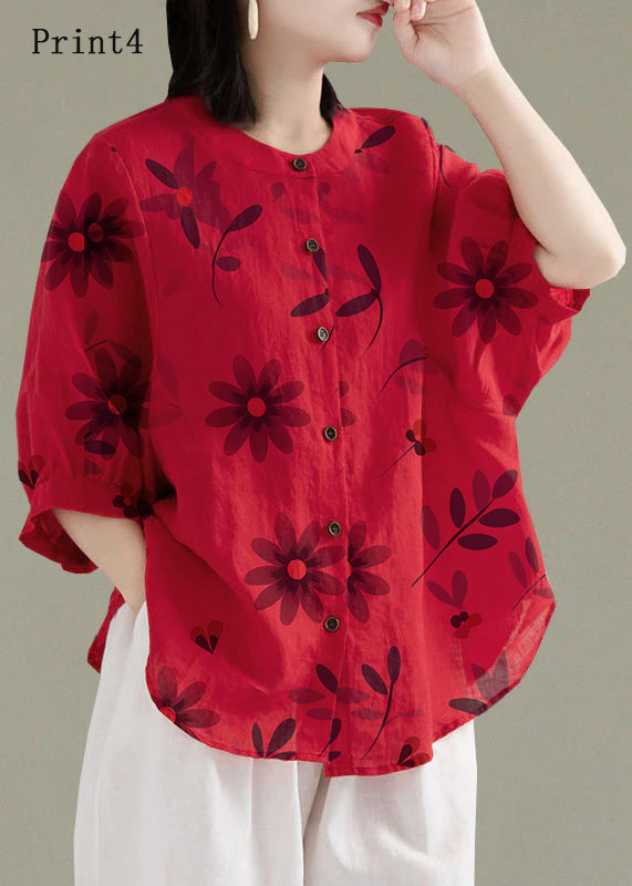 Art Red O-neck Button Linen Loose Shirt Top Lantern Sleeve