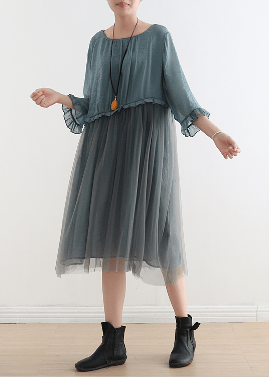 Blue-green Leaves Tull Maxi Dresses Patchwork Chiffon Summer Dresses
