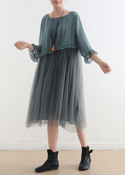 Blue-green Leaves Tull Maxi Dresses Patchwork Chiffon Summer Dresses