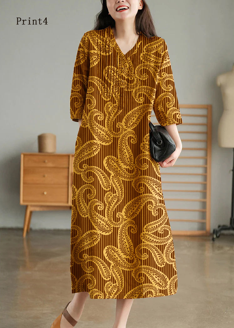 Yellow Loose Linen Long Dresses Button Half Sleeve
