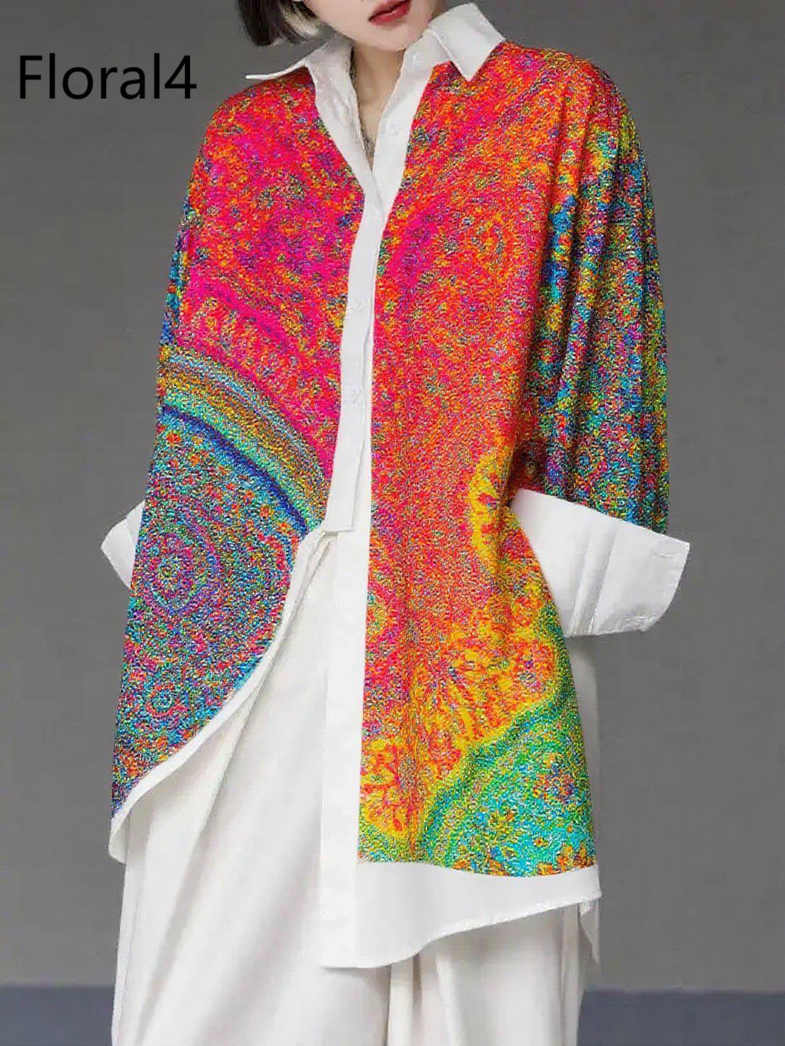 Unique Floral1 Asymmetrical Design Side Open Cotton Long Shirts Spring