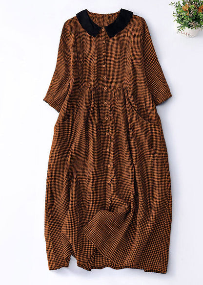 Organic Purple Plaid Peter Pan Collar Patchwork Linen Dresses Summer