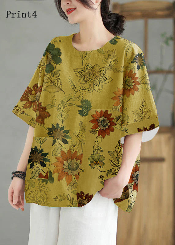 Orange O Neck Print Patchwork Linen T Shirt Top Summer