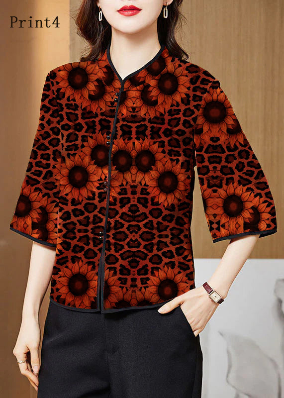 Red Mandarin Collar Print Silk Shirt Tops Half Sleeve