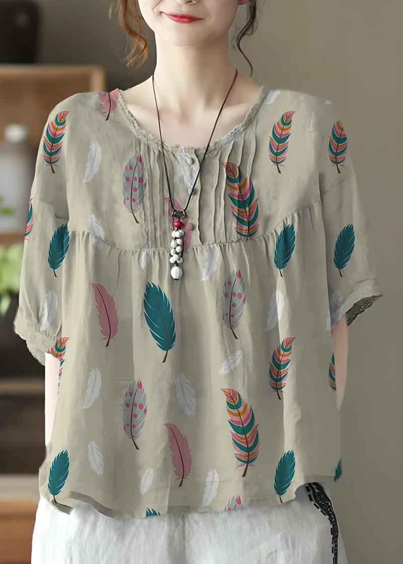 Blue Geometry Grey Button Linen Tops Half Sleeve