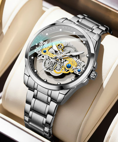 New Gold Stainless Steel Hollow Out Fully Automatic Mechanical Waterproof Watch