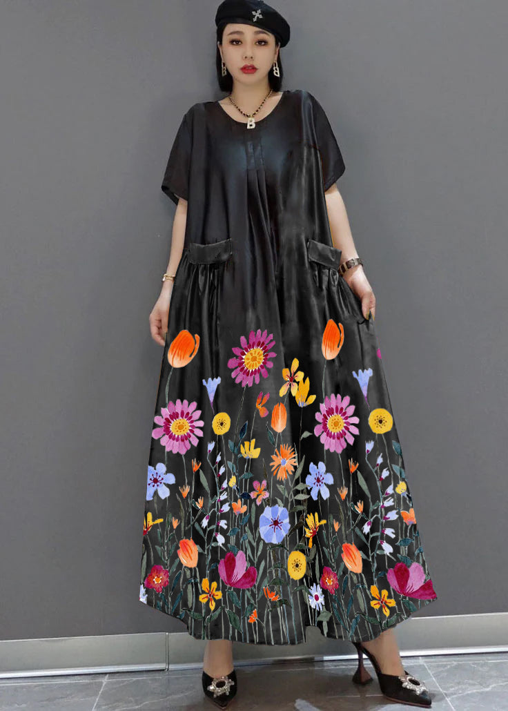 Loose Yellow O-neck Print Satin Maxi Dress Summer