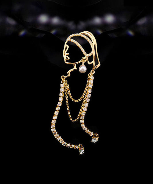 Modern Gold Alloy Zircon Girl With a Pearl Earring Tassel Brooches