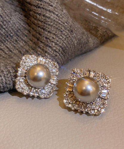 New Grey Alloy Pearl Zircon Stud Earrings