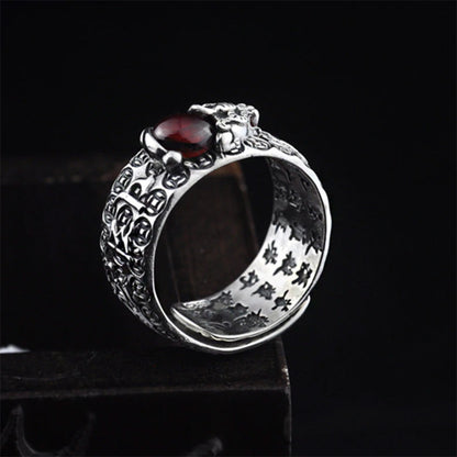Buddha Stones Fengshui Pixiu Red Garnet Wealth Ring
