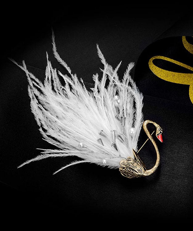 Black Alloy Pearl Swan Feather Brooches