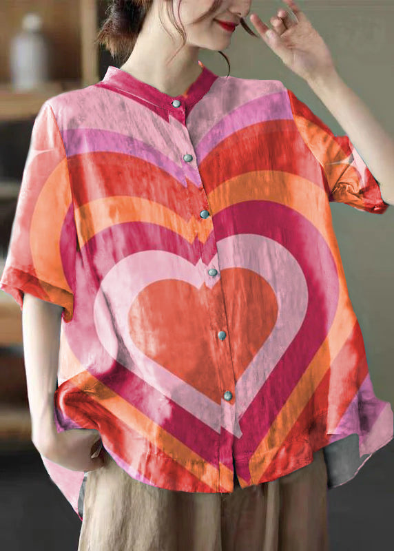 Blue Stand Collar Print Tops Half Sleeve