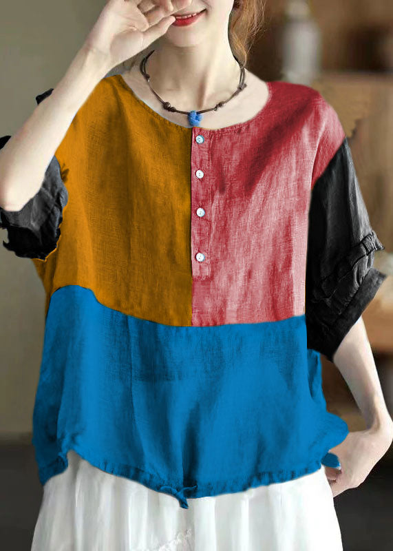 Retro Blue O-neck Ruffled Button Drawstring Top Half Sleeve