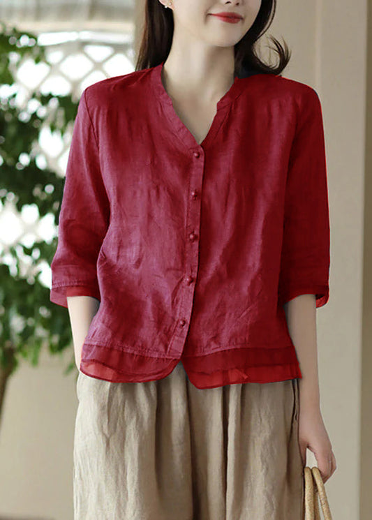 Red V Neck Embroidered Ramie Shirt Half Sleeve