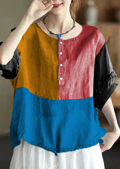 Retro Red O-neck Ruffled Button Drawstring Top Half Sleeve