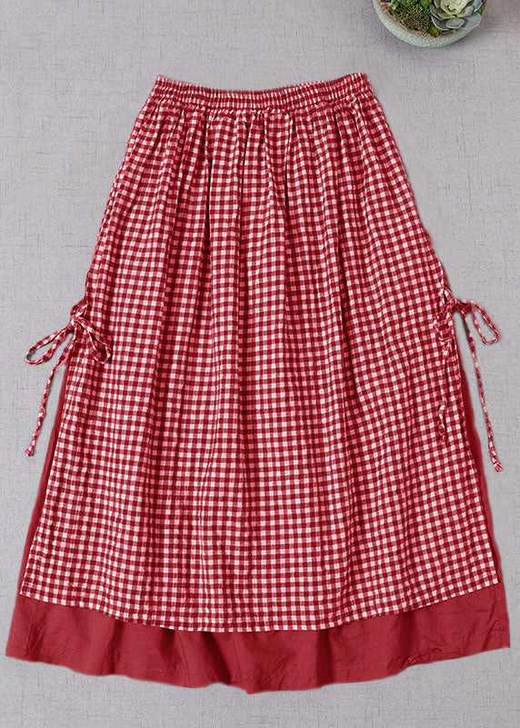 French Red Plaid Side Open Tie Skirt Spring