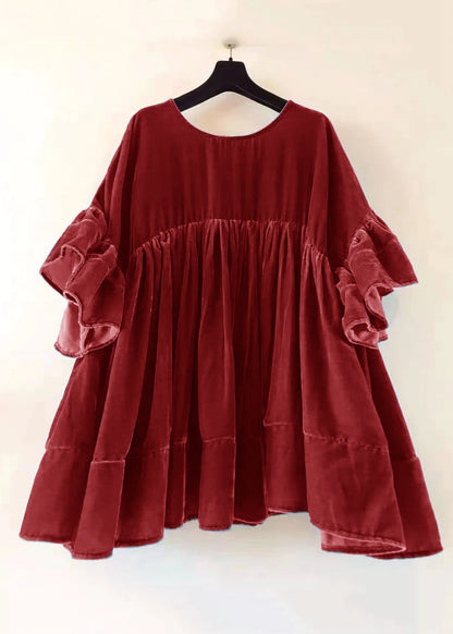 Red Wrinkled Patchwork Velour Short Dress Butterfly Sleeve