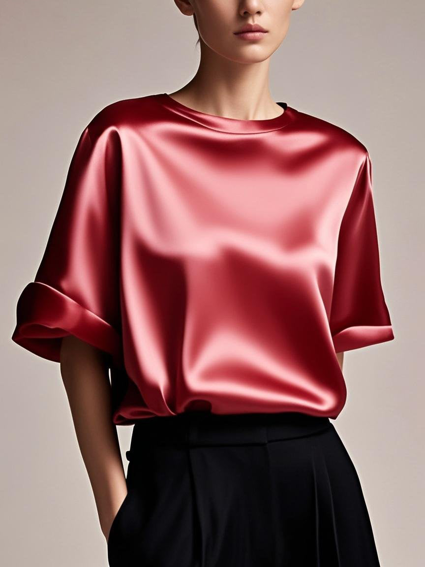 Fitted Apricot Patchwork Silk Tops Summer