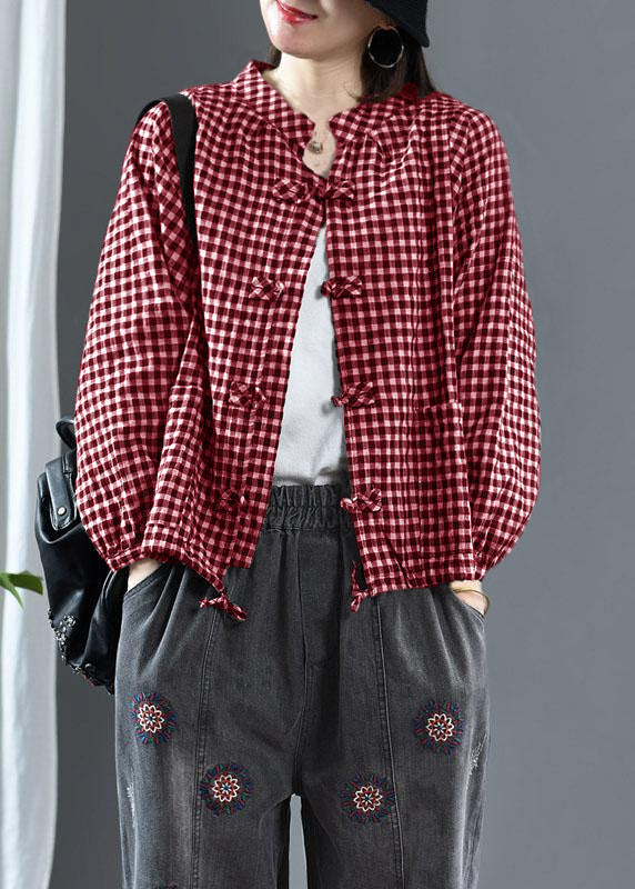 Red O-neck Plaid Fall Long Sleeve Trench
