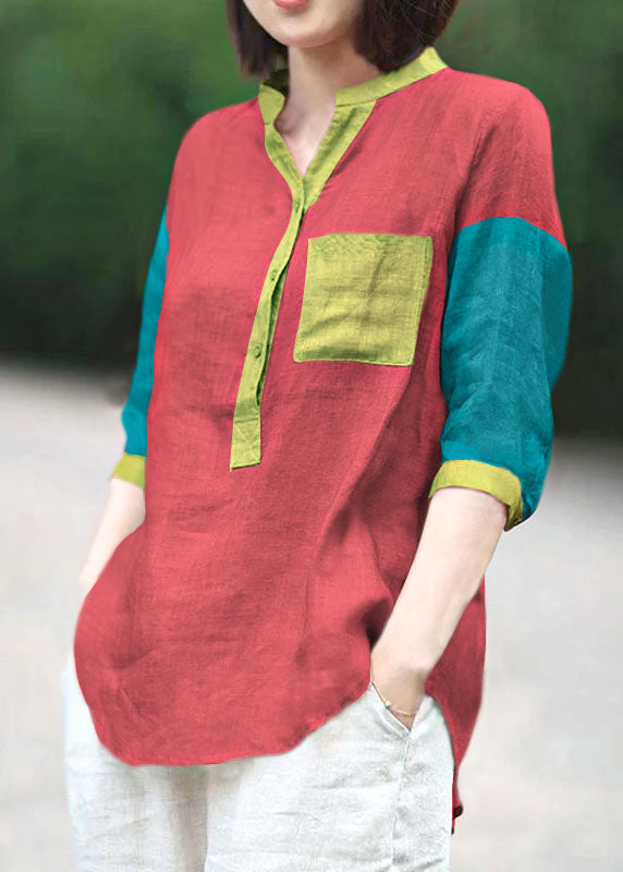 Stand Red Linen Blouses Top Half Sleeve