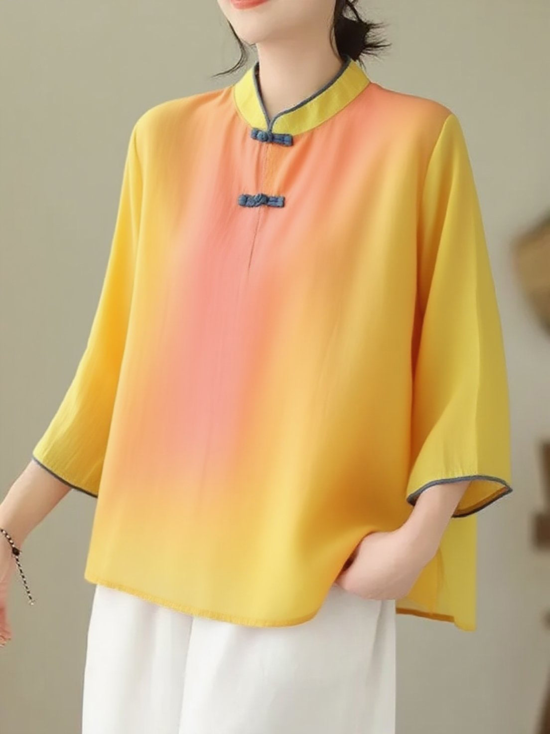 Loose Orange Pink Stand Collar Embroideried Print Cotton Shirt Bracelet Sleeve