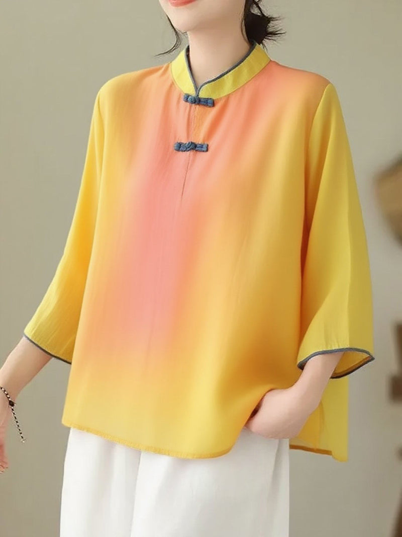 Loose Orange Pink Stand Collar Embroideried Print Cotton Shirt Bracelet Sleeve