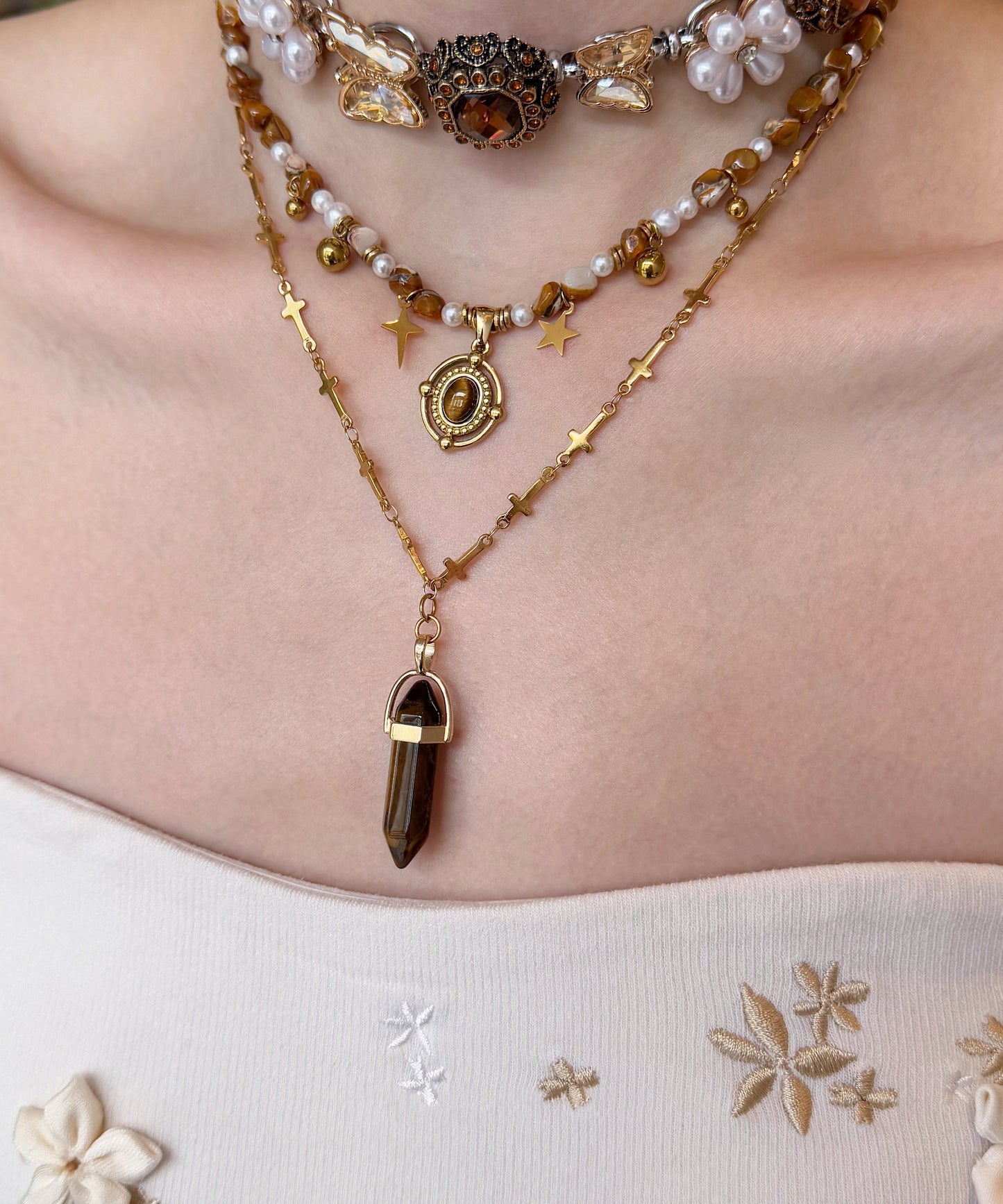 Brown Tiger's Eye Pearl Butterfly Titanium Steel Three Piece Set Pendant Necklace
