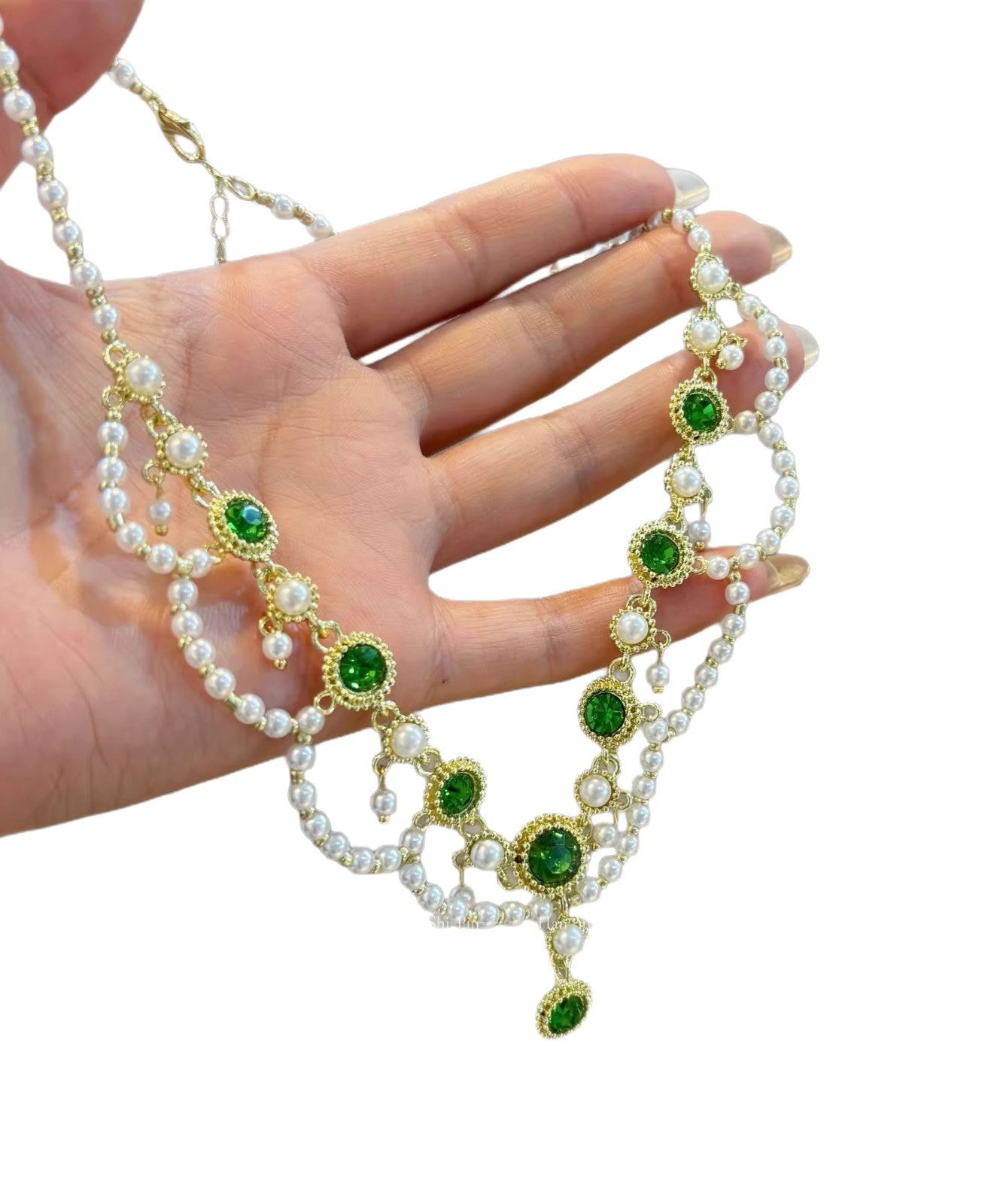 Green Alloy Crystal Pearl Lace Double-layer Pendant Necklace