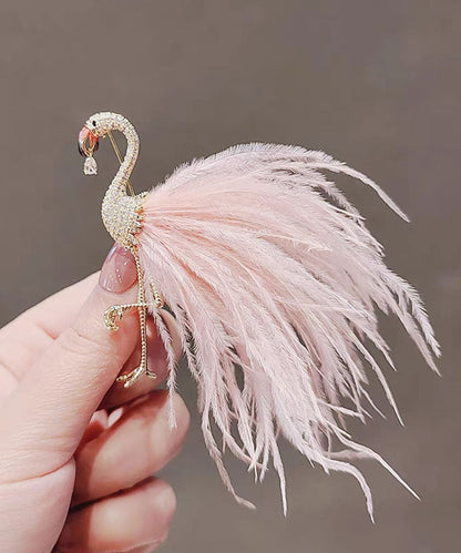 Pink Alloy Inlaid Zircon Flamingo Feather Brooches