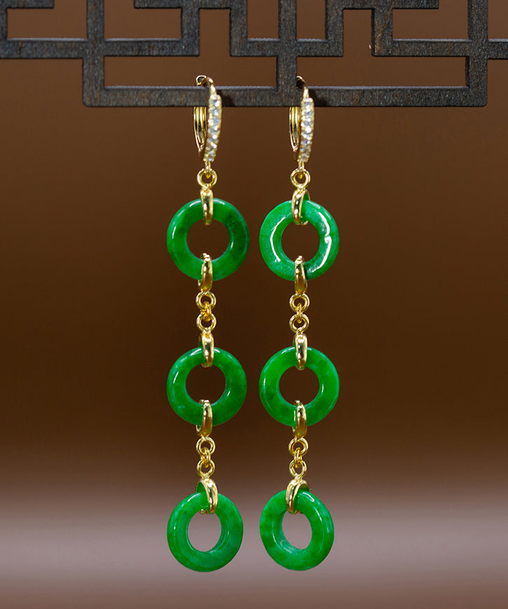 Green Sterling Silver Overgild Jade Circle Drop Earrings
