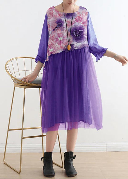 Purple Flower Tull Maxi Dresses Patchwork Chiffon Summer Dresses