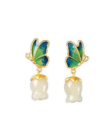 White Sterling Silver Overgild Jade Cloisonne Drop Earrings