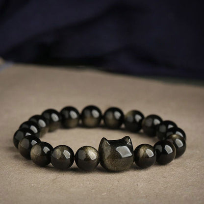 Buddha Stones Gold Sheen Obsidian Silver Sheen Obsidian Paw Lucky Cat Protection Bracelet