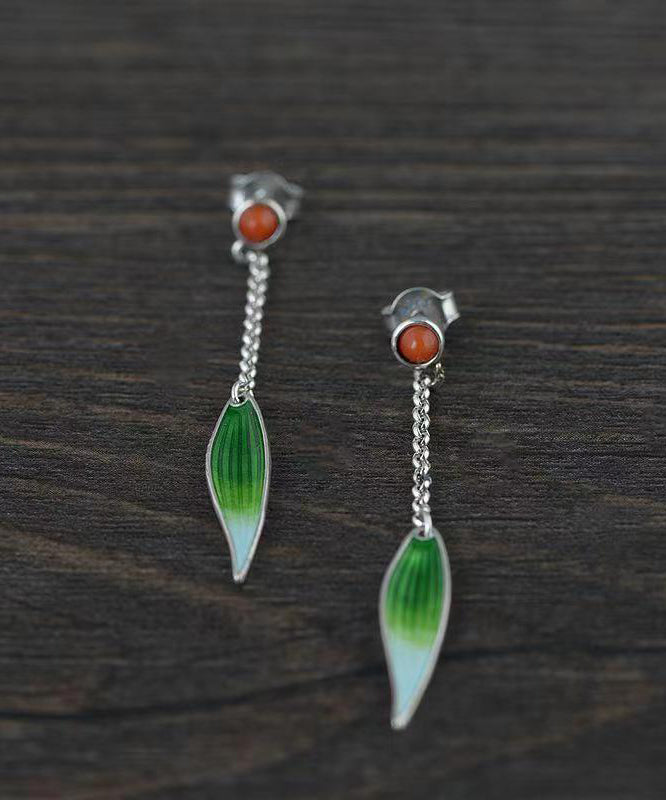 Retro Green Sterling Silver Agate Cloisonne Enamel Bamboo Leaf Drop Earrings