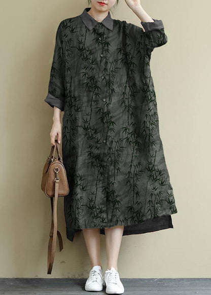 Gray Flower Linen Shirt Dress Oversize Spring Maxi Dresses