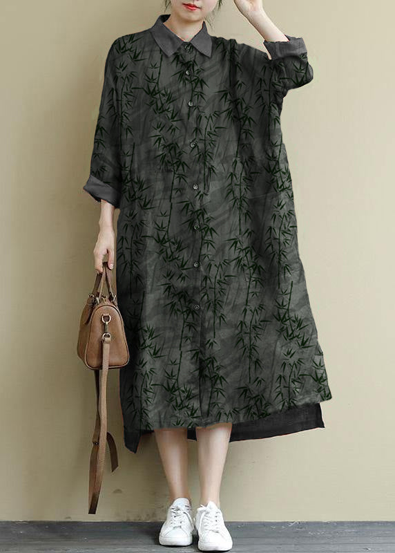 Gray Flower Linen Shirt Dress Oversize Spring Maxi Dresses