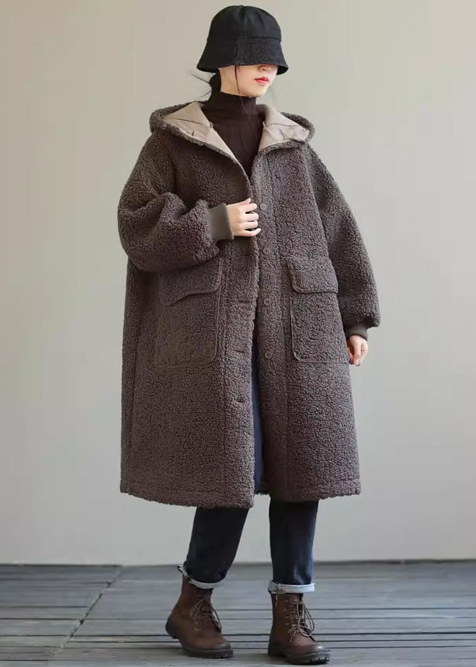 Blue Hooded Button Faux Fur Winter Coat
