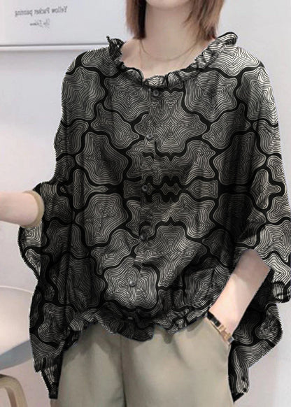 Art Black Print Tops Ruffles Trim Half Sleeve Shirts Blouse