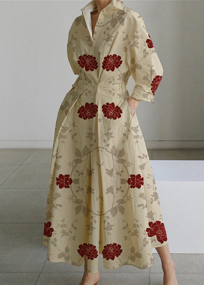 Apricot Lace Peter Pan Collar Pockets Cotton Dress Long Sleeve