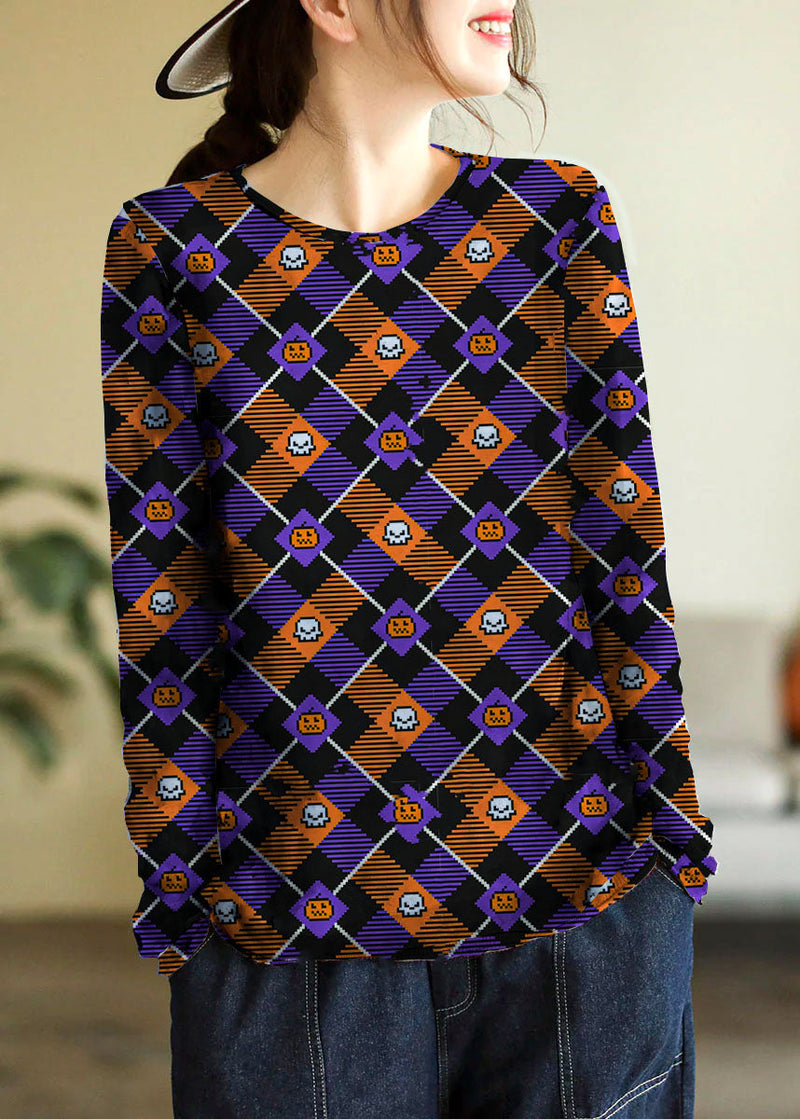 Black O-neck Print Cotton Knitted Top Long Sleeve