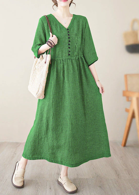 Purple V Neck Plaid Patchwork Button Linen Maxi Dresses Summer
