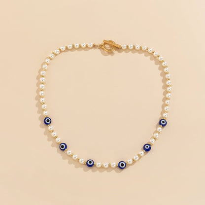 Geometric Simple Ot Buckle Single-layer Clavicle Chain Retro Stitching Artificial Pearl Eye Necklace