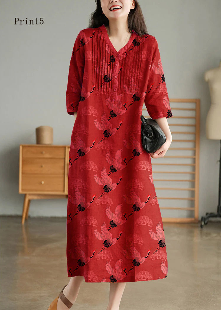 White Print9 Loose Linen Long Dresses Button Half Sleeve