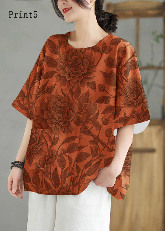 Orange O Neck Print Patchwork Linen T Shirt Top Summer