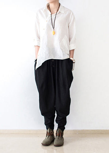 Black Stylish Linen Pants Cotton Pants Loose Bottoms Original Design
