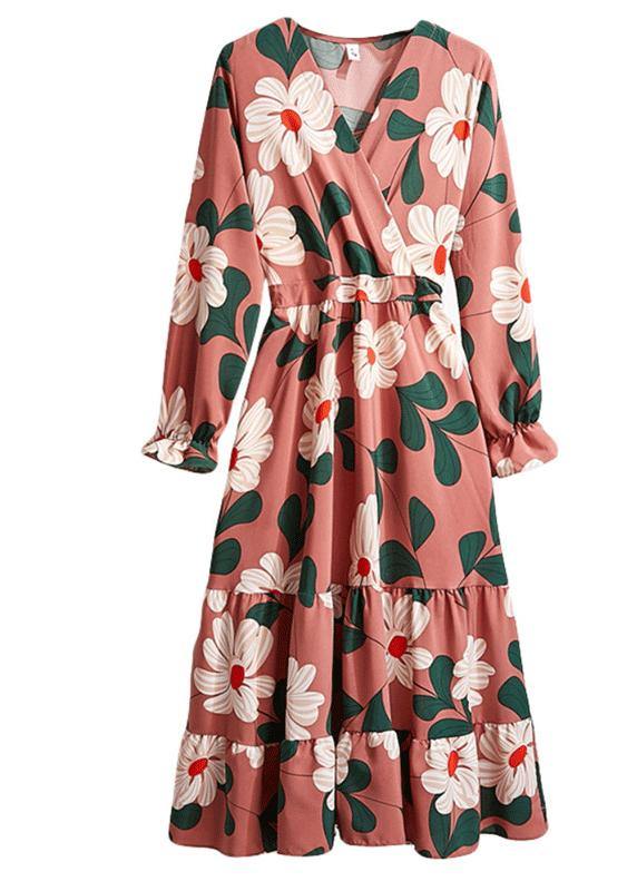 Natural Print Chiffon Clothes for V Neck Wrinkled Art Dresses