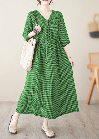 V Neck Plaid Patchwork Button Linen Maxi Dresses Summer