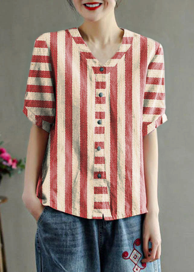 Loose Pink V Neck Embroideried Summer Cotton Blend Shirt